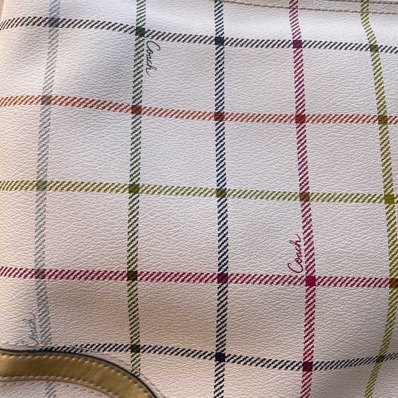 Coach Peyton Tattersall Crossbody Bag Plaid Purse White Gold Leather - Picture 14 of 16